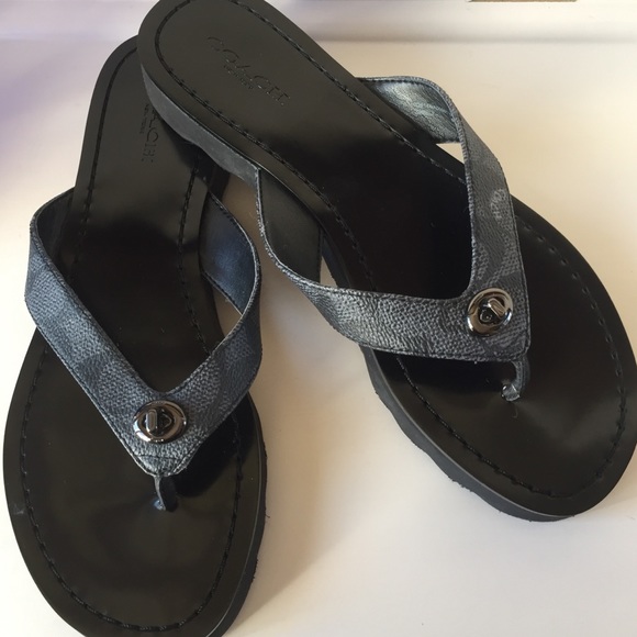 Coach Shoes - NEW Coach Signature Black Leather Thong Flip Flops